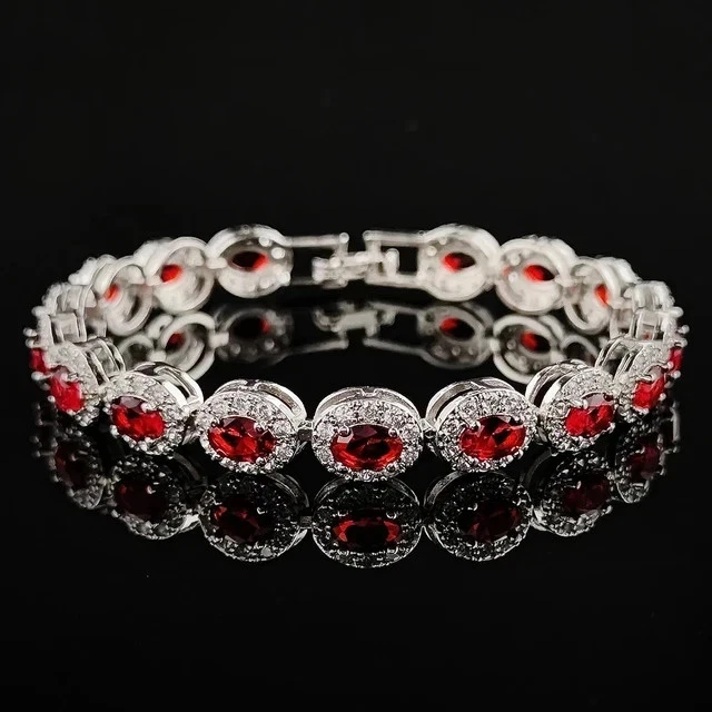 16Ct Oval Cut Lab Created Red Ruby Tennis Women's Bracelet 14K White Gold Plated - Image 2 of 4