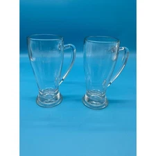 Vintage 2 Clear Glass Beer Mugs 0.4L Heavy Base 7" Tall Footed Handle Bar Pub