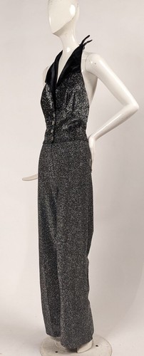 SILVER SPARKLE VINTAGE 1970’S 2 PC PANTS SUIT W HALTER TOP DEADSTOCK - Picture 3 of 6