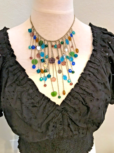 Vintage Wasserfall Latz Halskette Metall Anhänger Glasperlen Fransen Halsband Hippie Zigeuner - Bild 4 von 6
