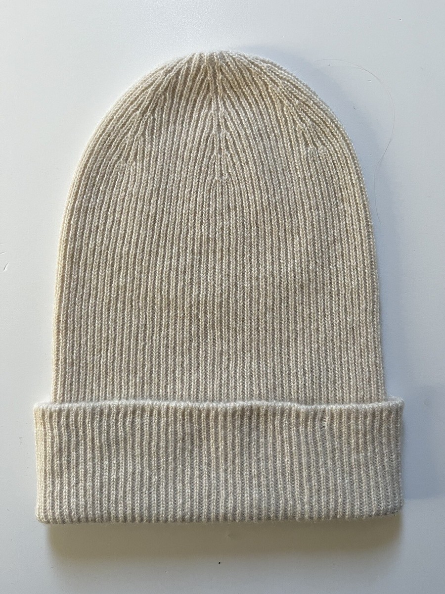 100% Pure Cashmere Ribbed Swan Light Natural Longer Beanie Hat Fisherman  Knit - Main Image