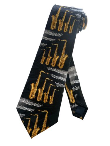 Męski saksofon altowy z nutami muzycznymi i punktami krawat | czarny | krawat na szyję - Zdjęcie 1 z 1