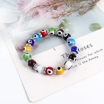 10MM Multicolor Turkish Evil Eye Crystal Glass Bead Stretch Bracelet