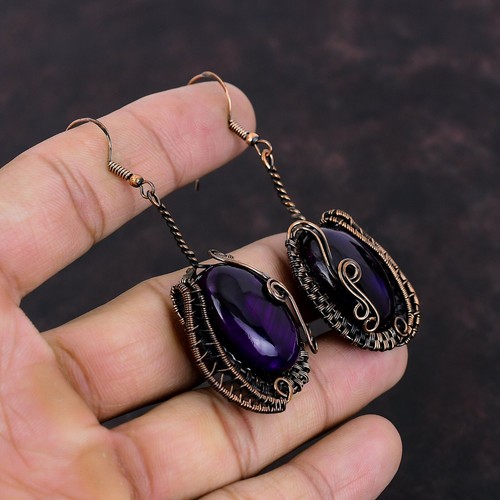 Purple Fire Labradorite Copper Wire Wrapped Drop/Dangle Earrings For Women 2.76" - Picture 4 of 6