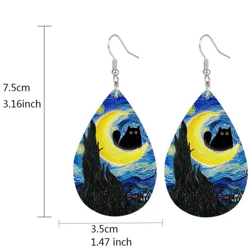 Halloween Black Kitty Cat Sits on a Crescent Moon, Lightweight, Dangle Earrings. - Picture 5 of 5
