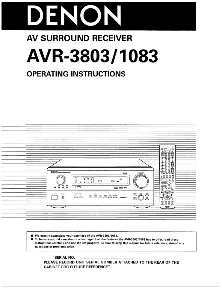 Denon AVR-1083 AVR-3803 Receiver Owners Manual