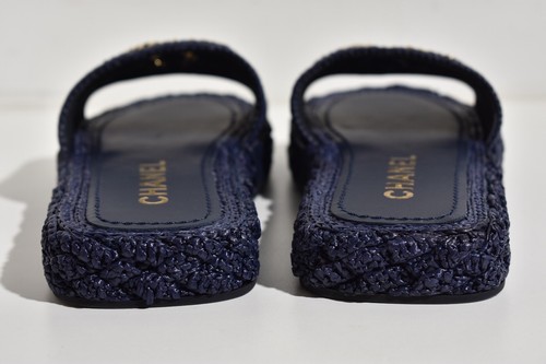 Chanel 21C Navy Blue Cord Gold Chain CC Logo Mule Slide Slip On Sandal Flat 35 - Picture 11 of 12