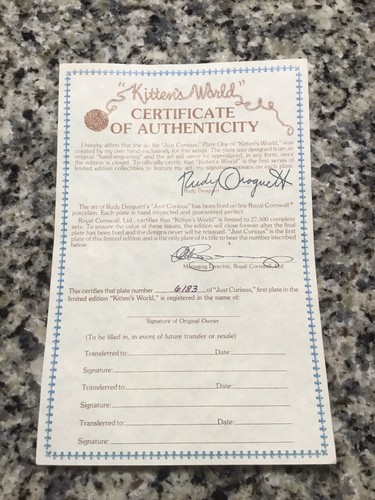 Rudy Droguett Signed Kitten’s World Numbered Plate “Just Curious” Cat & Fish - Picture 10 of 11