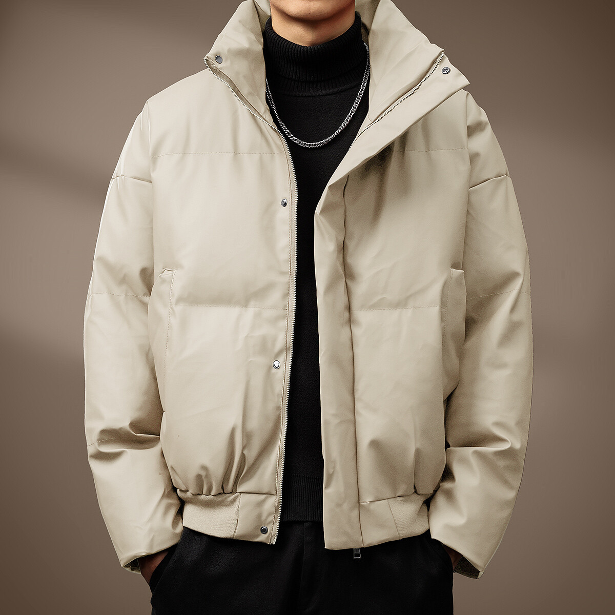 Retro PU Stand-up Jacket Men Winter Thick Short Cotton Warm Loose