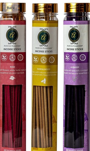 AMBROSE ESSENTIALS ASSORTED ROSE, SANDALWOOD, LAVENDER INCENSE STICKS 100gX 3 - Picture 2 of 4