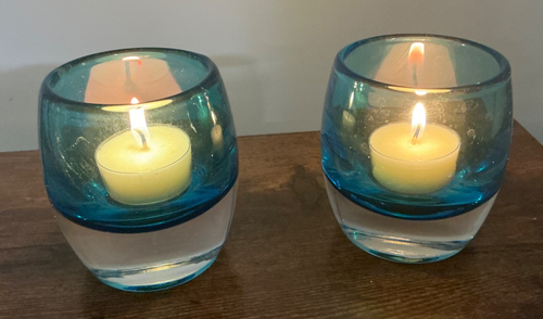 Crate & Barrel a pair blue and clear art glass votive candle holders 3” H - Picture 2 of 6