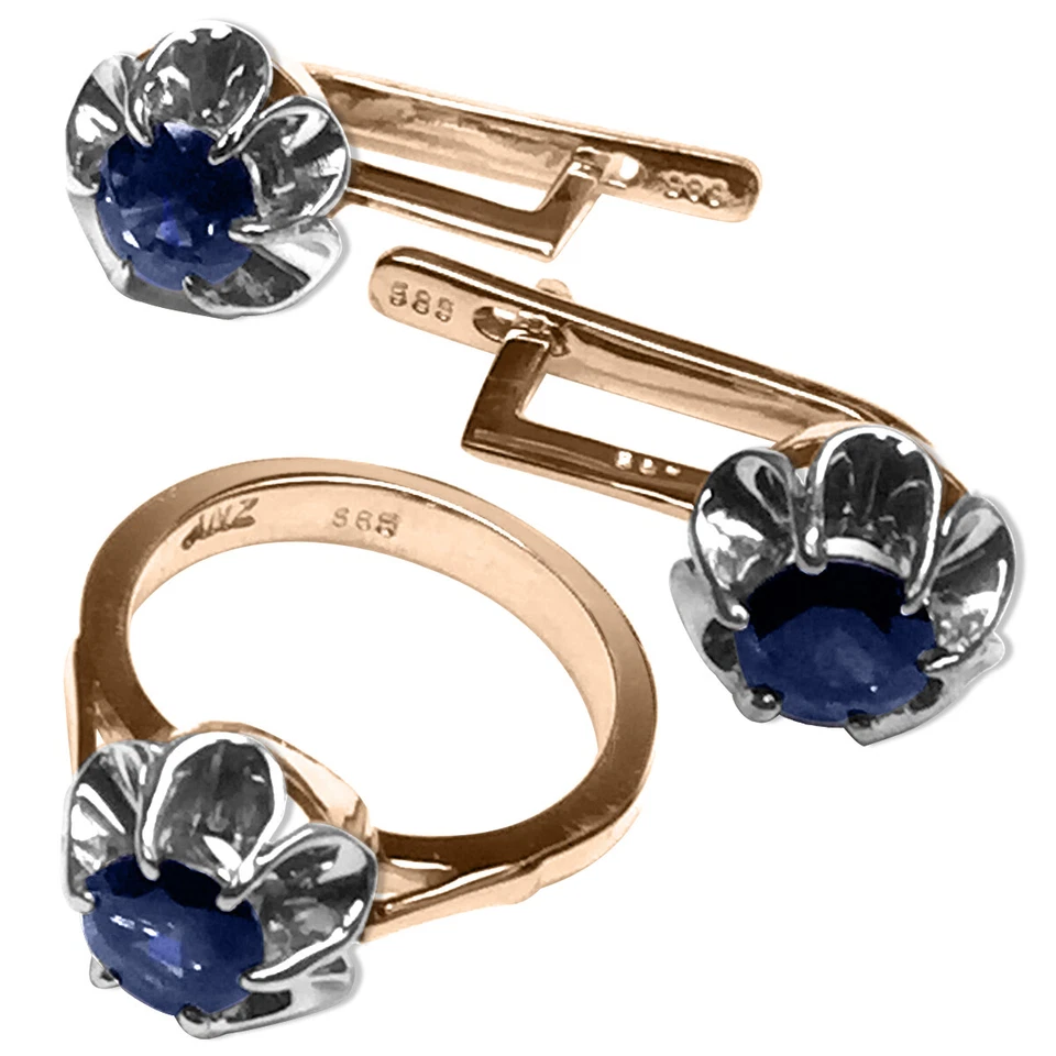 European style Genuine Sapphire earrings and ring Set in 14K solid gold #S232 - Image 2 of 3