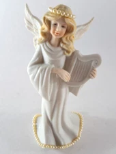 Vintage Porcelain Angel Figure Roman Inc Faux Pearls Harp 1988 Christmas 5.5"