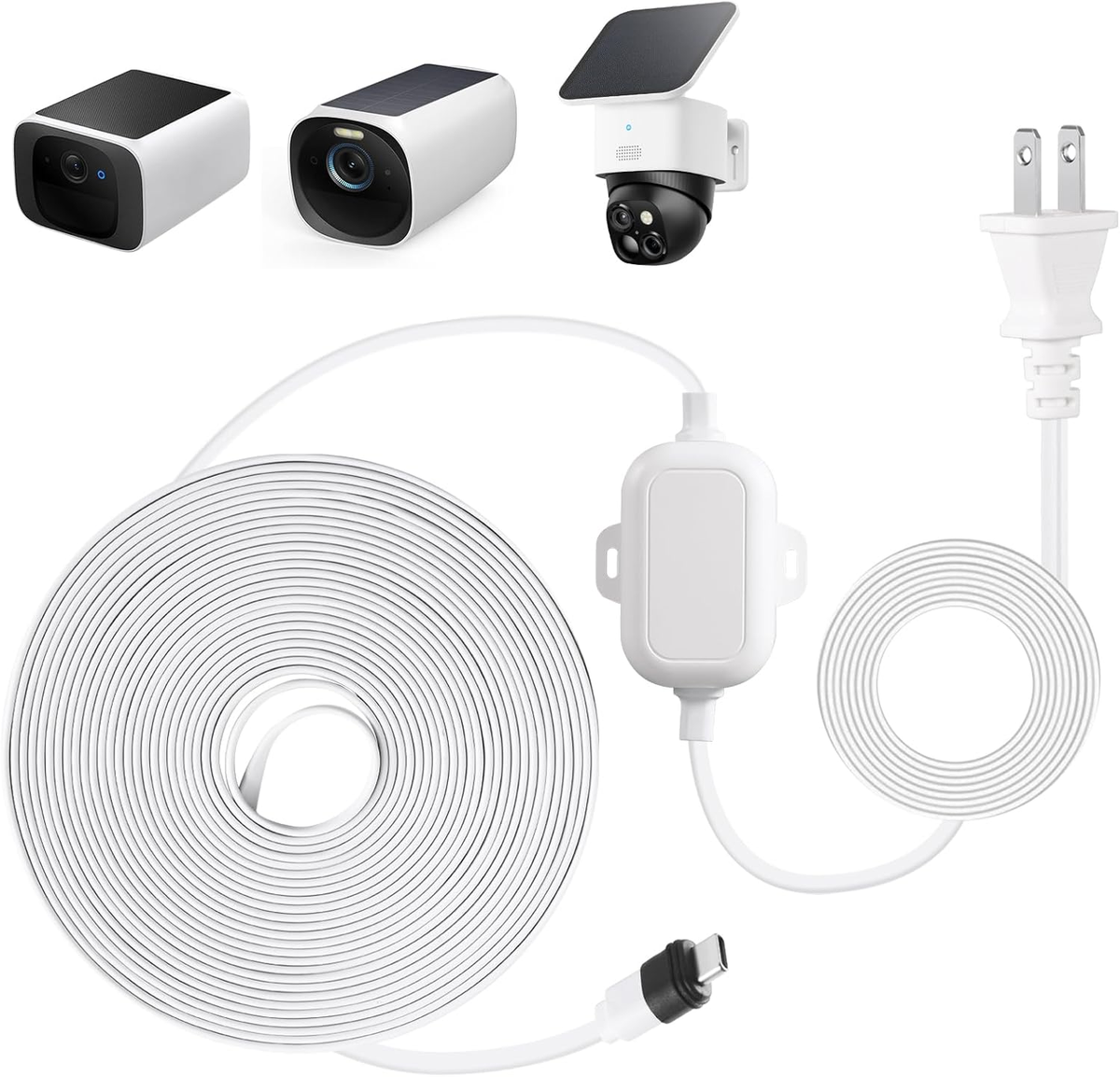 HOLACA Power Adapter voor eufy SoloCam E20 E40 met 30ft/9m oplaadkabel 3.0 voedingsadapter opladen uw eufy Solo Cam E20 E40 camera