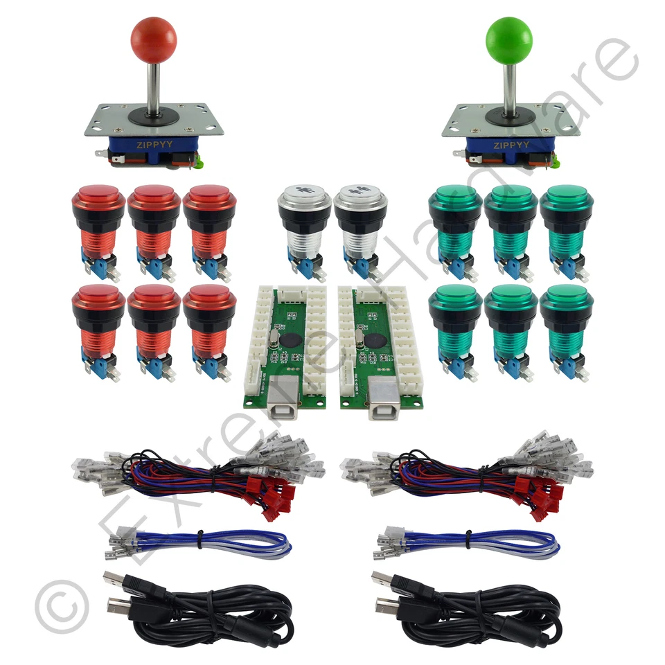 EXTREME HARDWARE Kit de control USB arcade para 2 jugadores 2 joysticks con tapa de bola 14 botones LED rojo/verde Pi