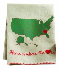 Mud Pie Linen Tea Towel "Home is Where the Heart Is" US Map with heart pin