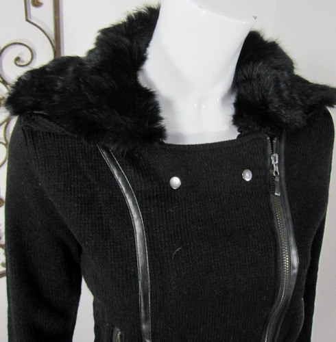 Cecio Long Sleeve Cardigan Jacket Outwear Size M MEDIUM BLACK Fur Collar Zipper  - Picture 3 of 8