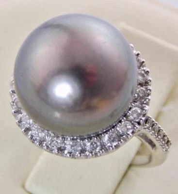 Belle Grande Bague Halo En Diamant 18K Avec Perle Noire De Tahiti AAA De 14,5mm - Photo 1/4