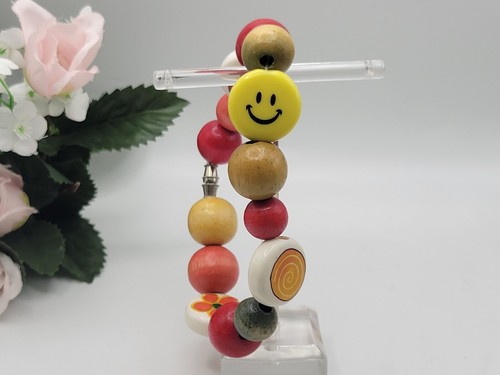 CHUNKY BOLD Bracelet Happy Face Wood Plastic Colorful Beaded Barrel Clasp Flower - Picture 2 of 11