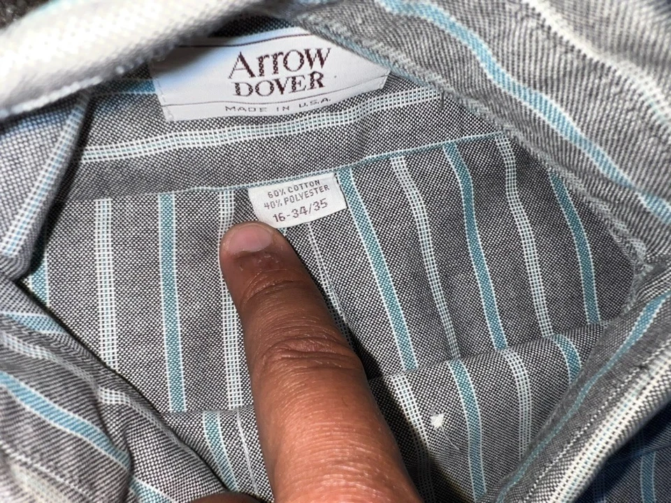 Arrow Dover Made in USA Oxford Shirt 16 34/35 Gray Green Stripe LS - Imagem 4 de 4