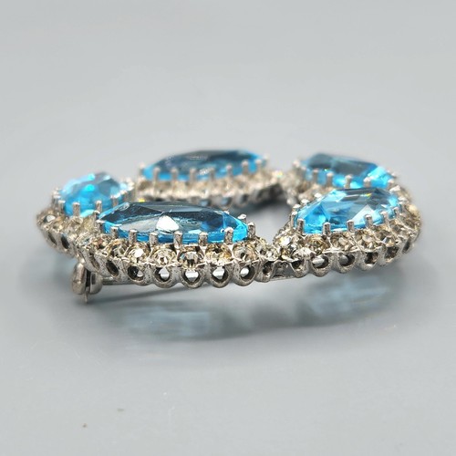 Vintage Sterling Silver Blue Aqua Marquise Glass Paste Round Wreath Brooch 25.4g - Picture 6 of 15