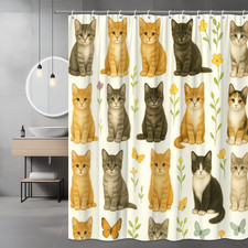 Cute Cat Shower Curtain - Floral Design, Kids Bathroom Decor
