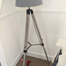 Grey Tripod Floor Lamp with Drum Fabric Shade, Warm White LED, 150cm