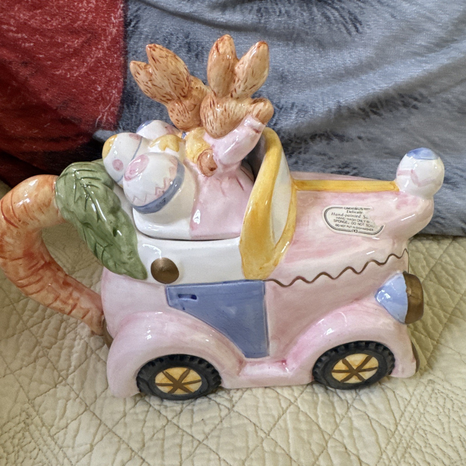 Vintage Fitz Omnibus Ceramic Easter Bunny Rabbit Car Figural Teapot