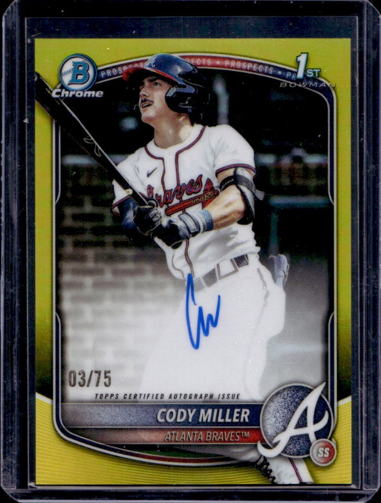 2025 Bowman Draft Cody Miller Chrome Auto Yellow Refractor 1st #/75 Braves
