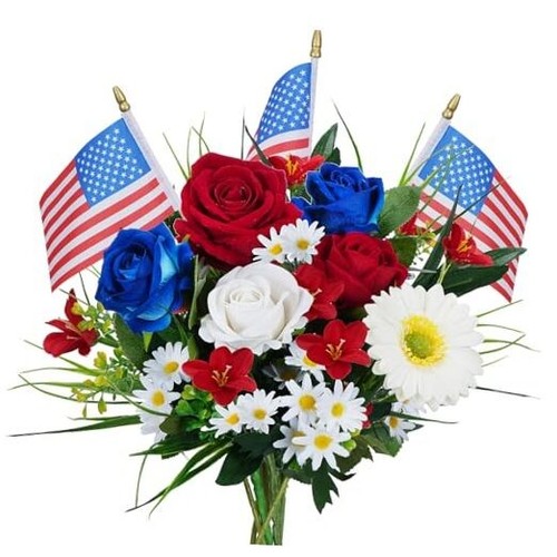 Artificial Flower Patriotic Memorial Bouquet Red White and Blue, Red, White