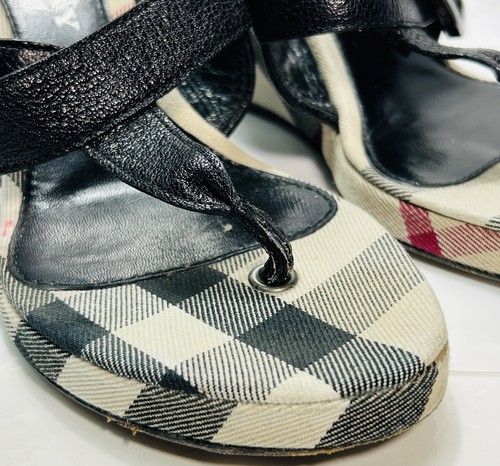 Burberry Nova Check Wedge Sandals Size 37 Plaid Leather Platform Heels Italy - Picture 3 of 21