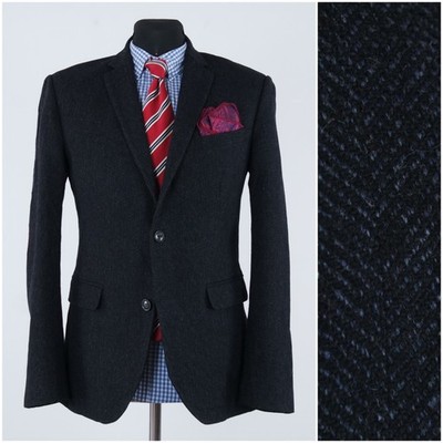Herren Fischgrät Tweed Sakko 36R UK Größe H&M Dunkelblau Wolle Sport Mantel Blazer