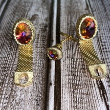 Vintage Swank Cufflink Set: Gold Mesh, Rivoli Crystal, Watermelon Stone