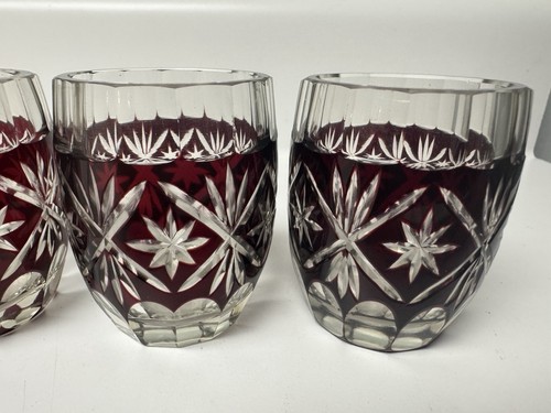 Vintage Japanese Edo Kirk Red Crystal Cut To Clear Sake (Shot) Glass, Set Of 5 - Picture 2 of 7