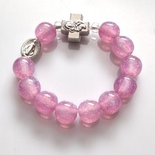 Fuschia Pink Glitter Silver Cross Miraculous Medal Car Decade Rosary Beads &Card