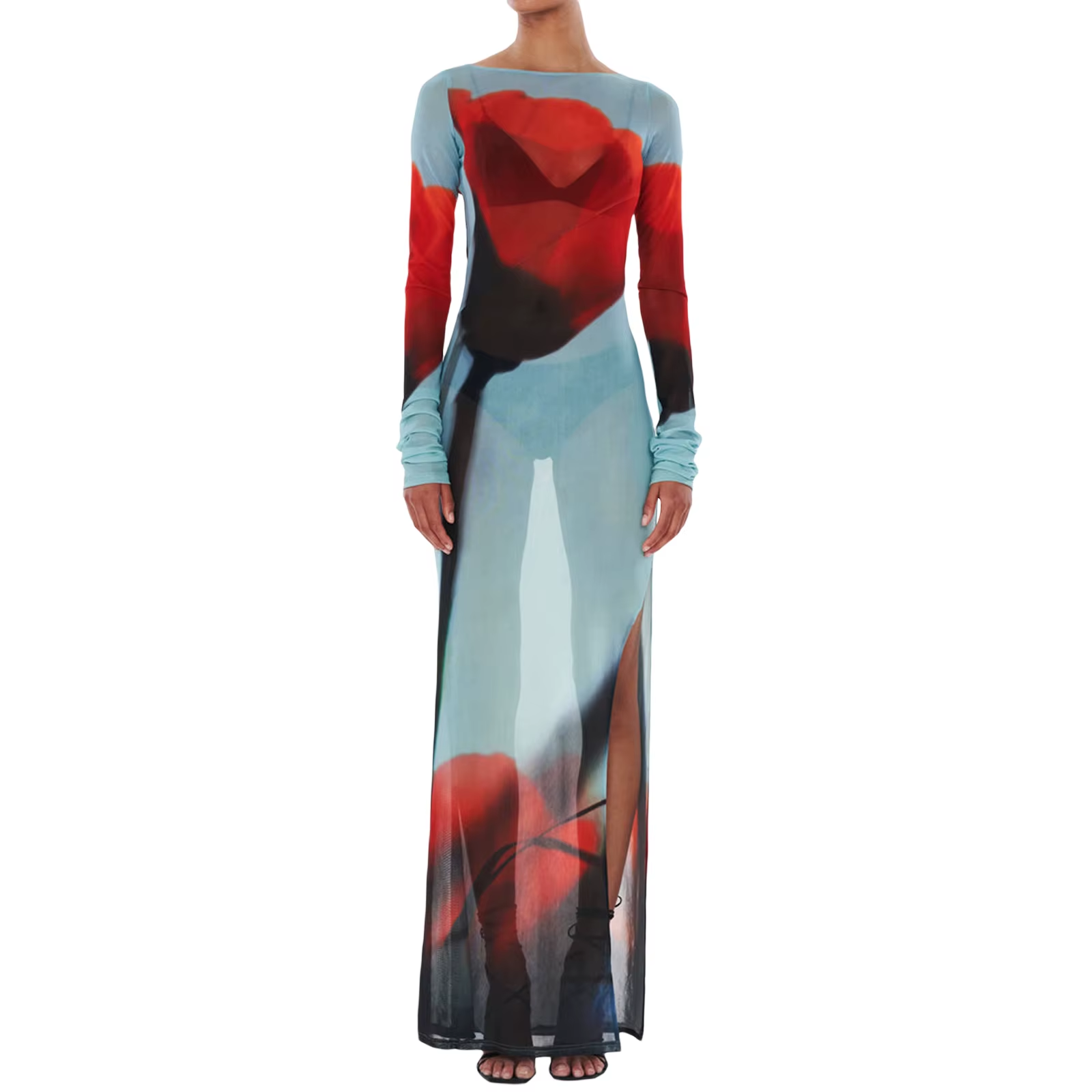Sexy Women’S Slim Fit Long Dress Cover-Ups Sheer Mesh Long Sleeve Floral Print B