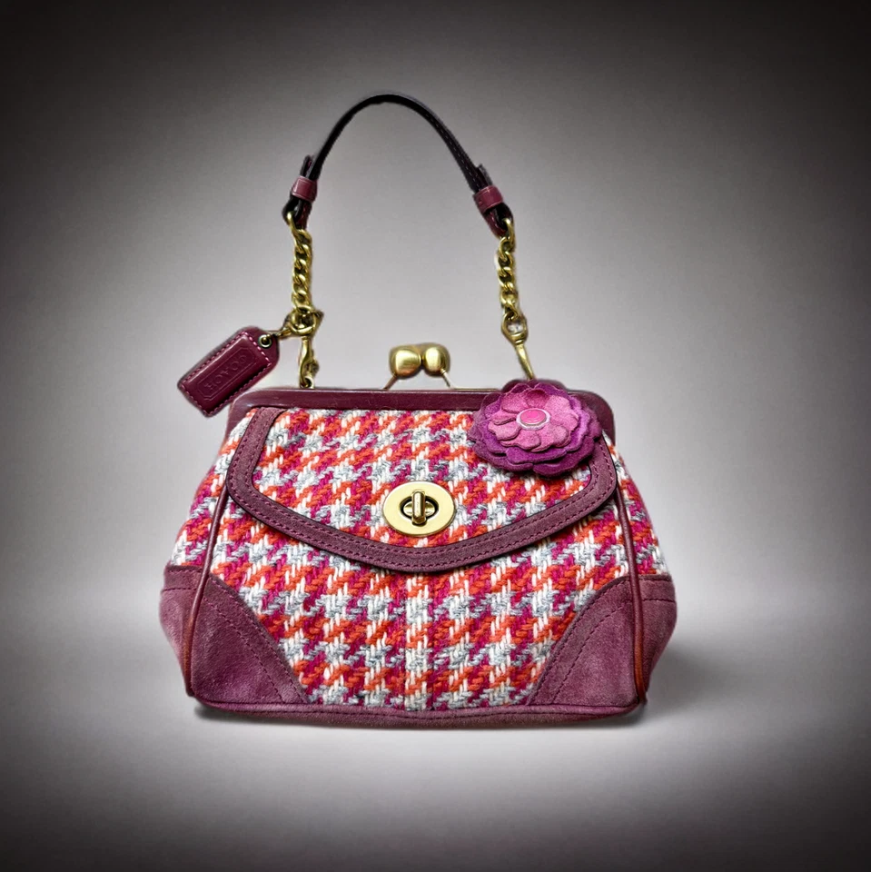 Bolso de Mano Coach Y2K Púrpura Lana Pata de Gallo Tweed Kisslock Turnlock Hamilton