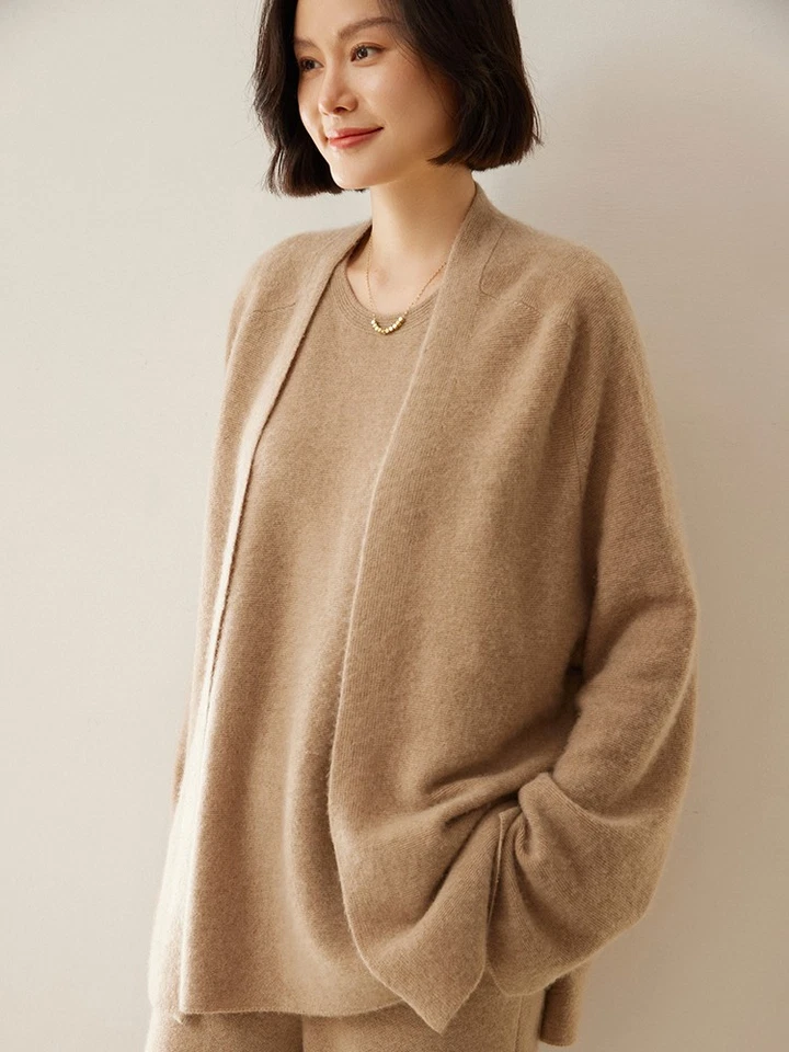 Cashmere Knitted Cardigan Womens Shawl Loose Sweater Jacket Coats wool Overcoats - Image 3 of 4