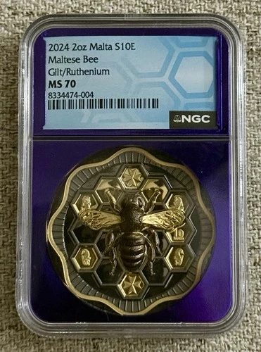 2024 Malta Maltese Bee S 10E 2oz Silver HR Ruthenium Gold Gild NGC MS70 GERMANIA