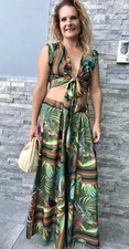 Completo donna pantaloni larghi crop top in seta verde estivo M Ada Klementi
