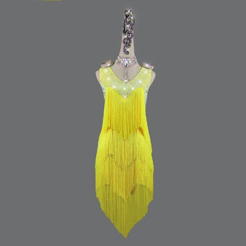 Latin Dance Costume Spandex Tassel Stones Latin Dance Dress Competition