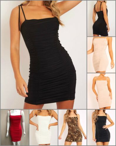 New Womens Ruched Tie Strap Bodycon Mini Dress Ladies Sleeveless Party Club Wear - Afbeelding 1 van 29