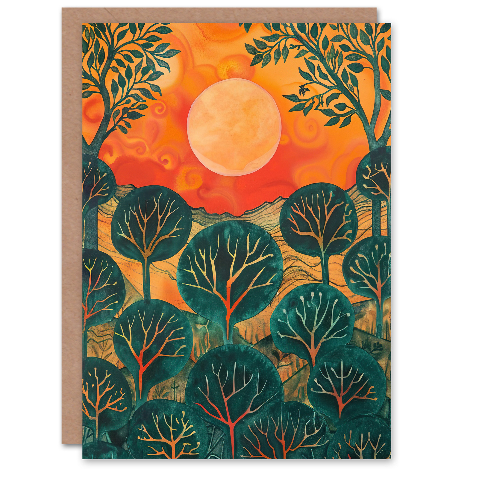 Warm Sunrise Over Forest Painting Nature Greeting Card Birthday Him Her