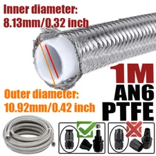 3.28FT AN6 6AN ID:0.32" Stainless Steel Braided PTFE Fuel Line Oil Gas Hose E85