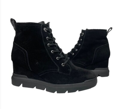 DR SCHOLLS Black Heel Pull-Tab Rebellion Wedge Leather Booties Chunky Lug 