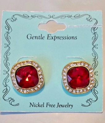 Gentle Expressions Stud Back Earrings Gold Tone Red Gemstones W Clear Rhinestone