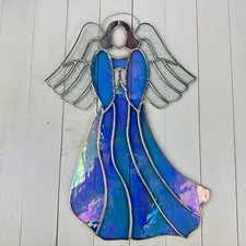 Vintage Stained Glass Angel Suncatcher LARGE Iridescent Slag Crackle 13" x 9"WOW