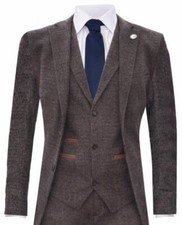 Mens Brown 3 Piece Tweed Suit Herringbone Wool Vintage Retro Peaky Blinders