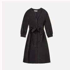 Everlane Black Wrap Dress belted button front midi Cuffed Sleeves cupro blouson