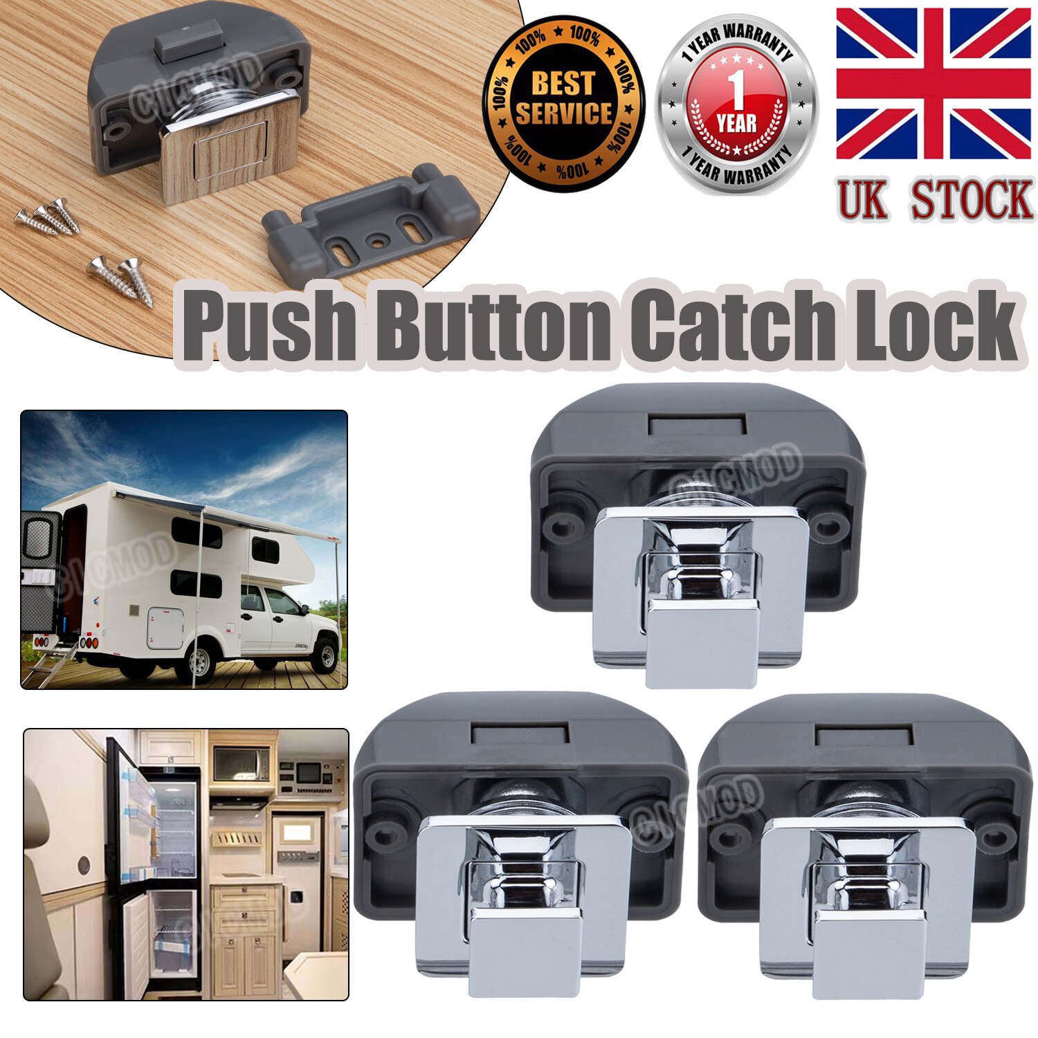 3x Push Button Catch Lock Latch Knob Drawer Door Cabinet Van Square Locks Chrome